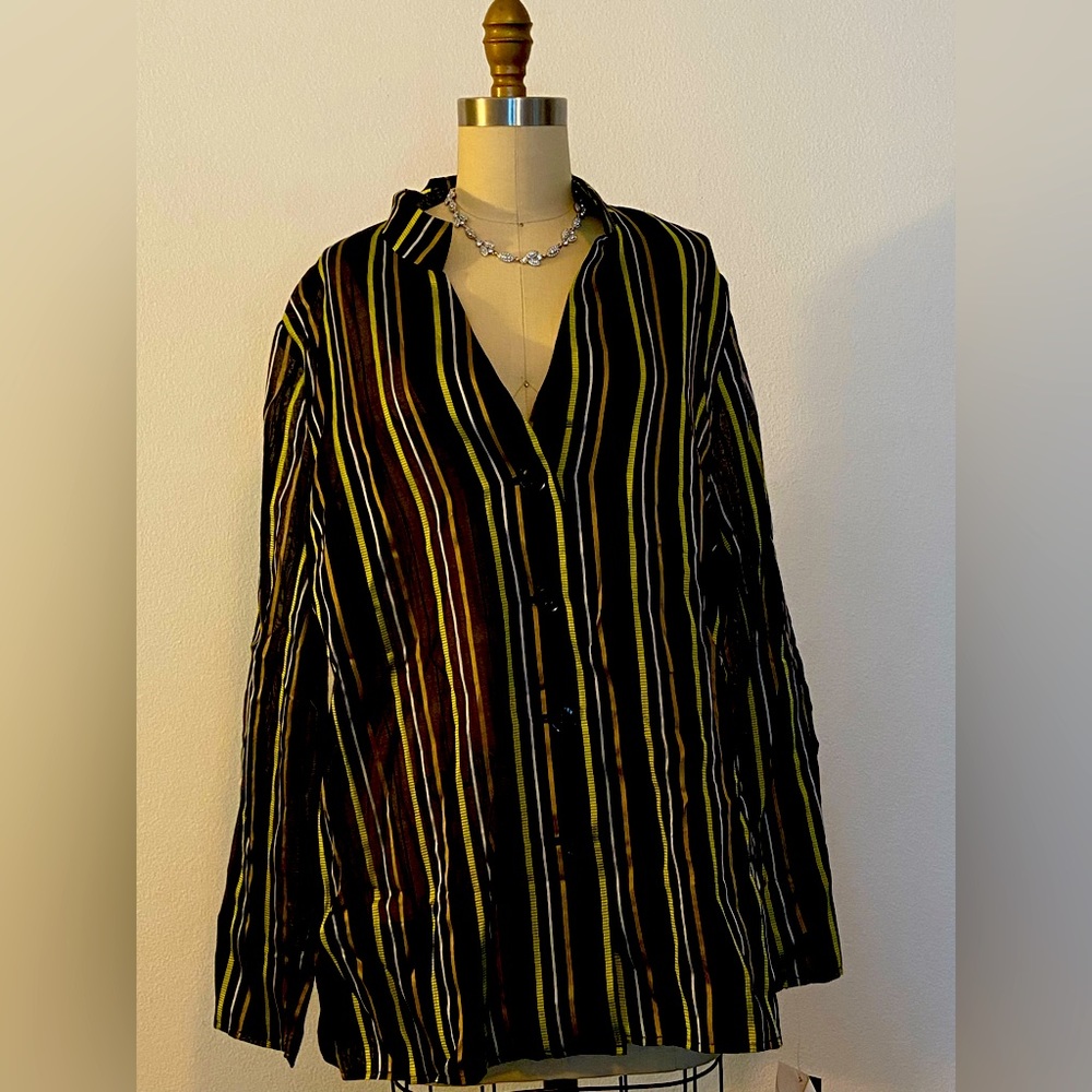 Jones New York Sheer Black Striped Long Sleeve Blouse - Size 16W
